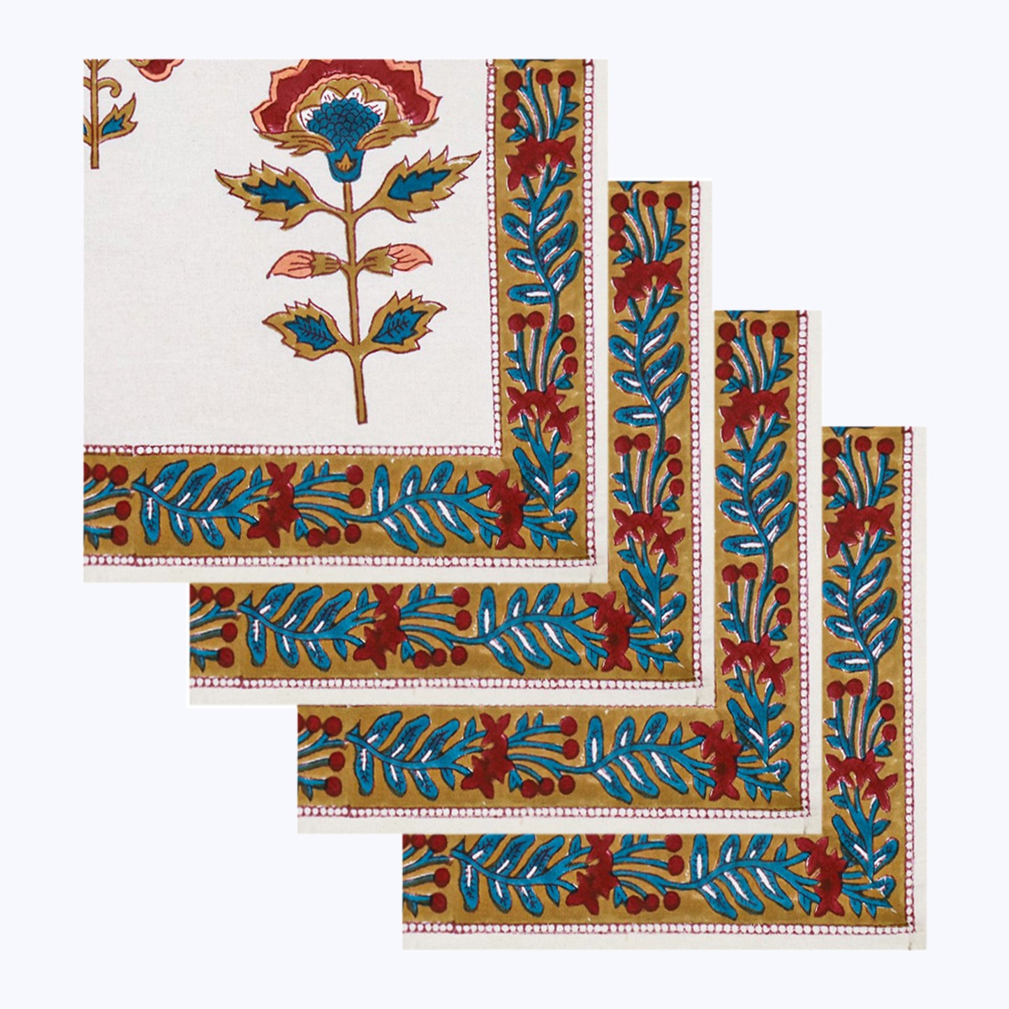 Red and White Hand Block Printed Cotton Napkins Set Of 4 - My Store