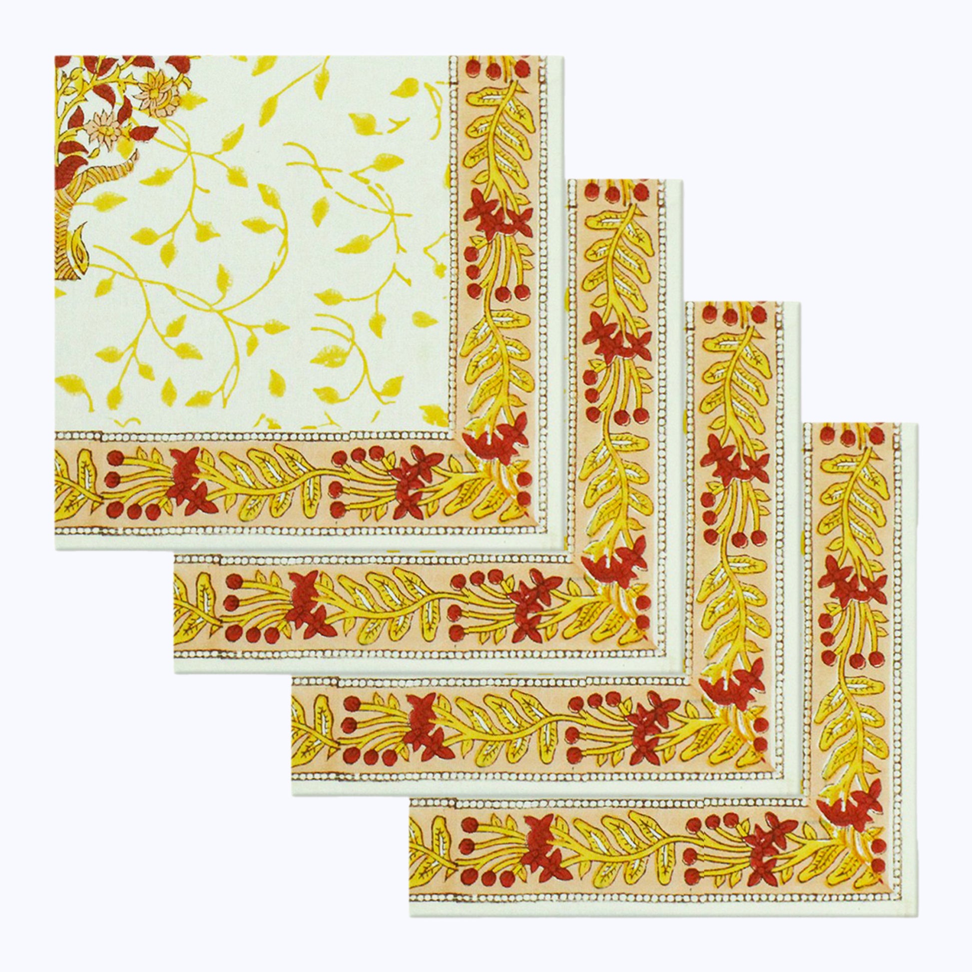 Floral Yellow and White Hand Block Printed Cotton Set 4 Napkins - My Store