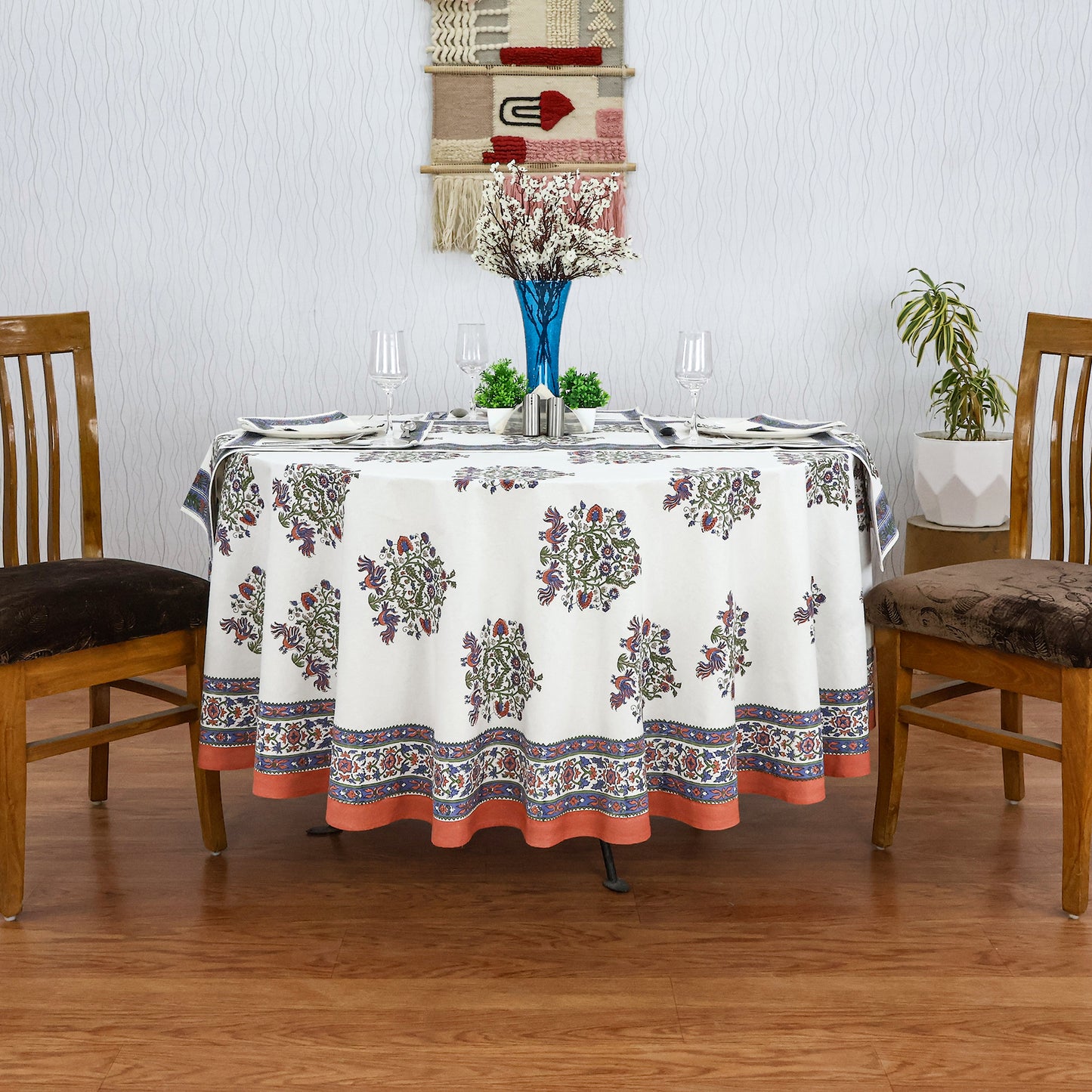 White and Blue Handmade Block Printed Cotton Tablecloth - My Store