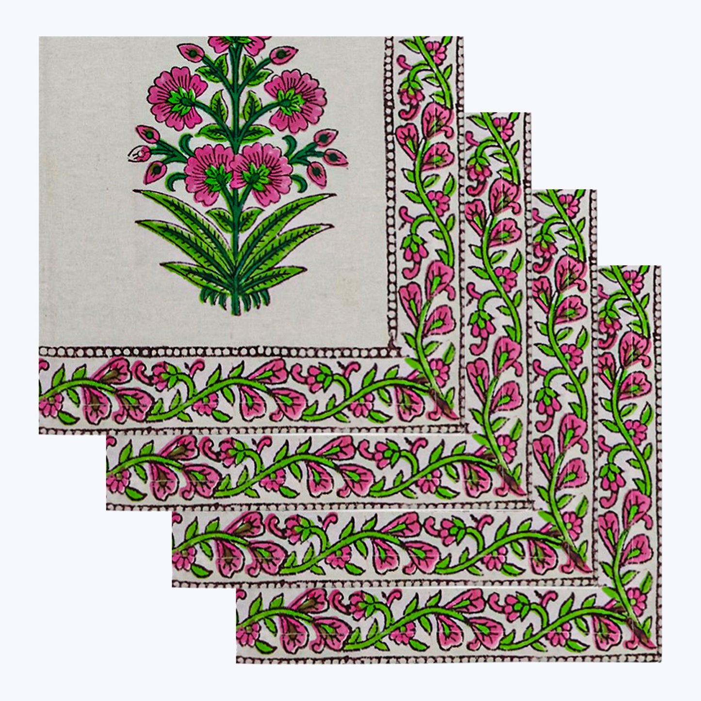 Pink and White Handmade Block Printed Cotton Napkins Set Of 4 - My Store