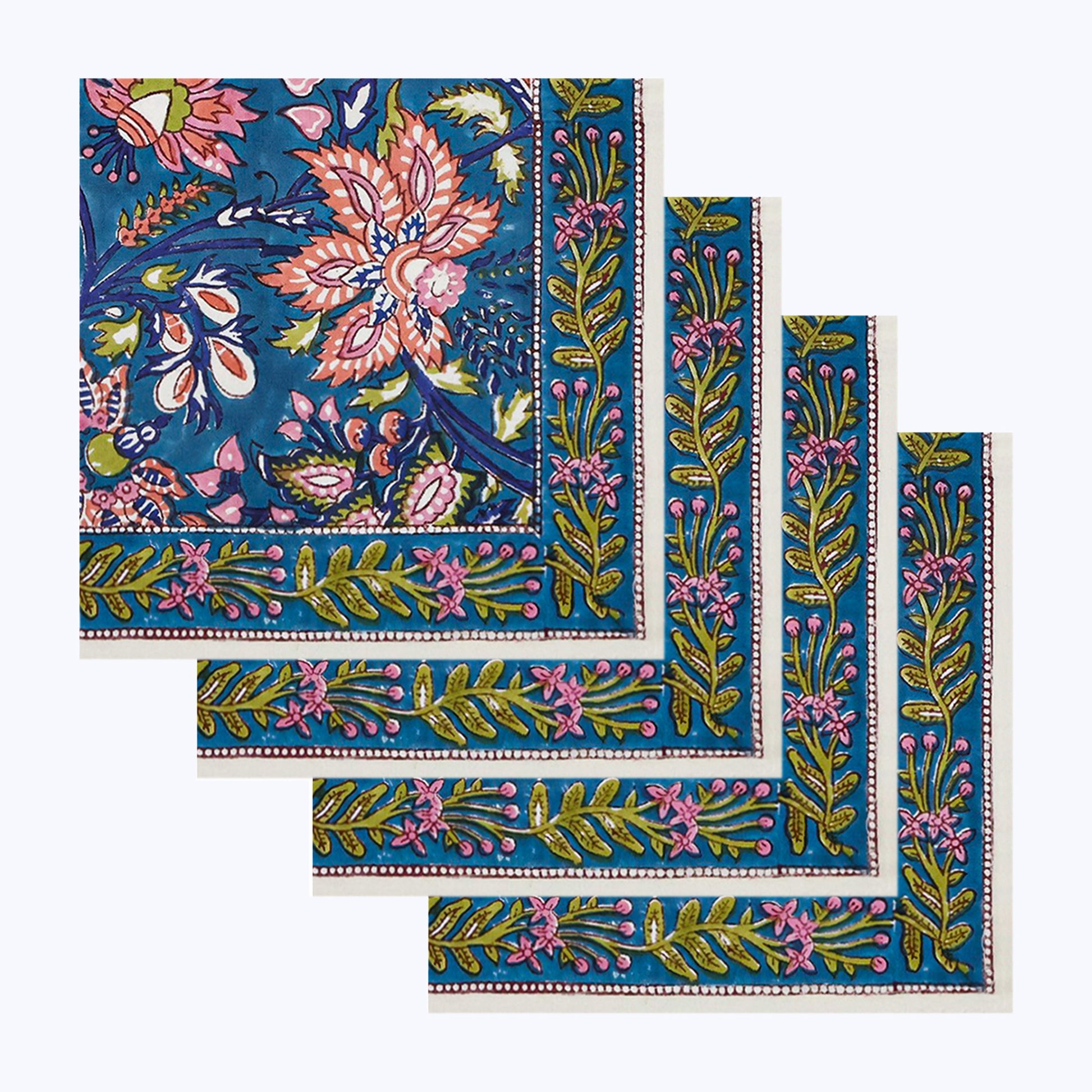 Blue and Pink Handmade Block Printed Cotton Napkins Set Of 4 - My Store