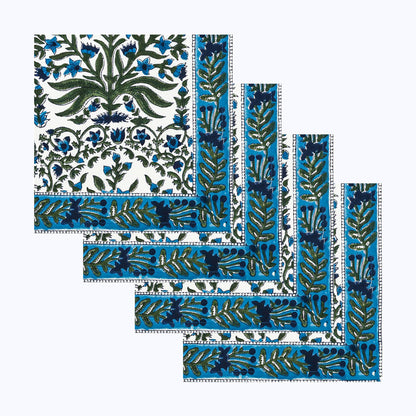 Blue and Green Hand Block Printed 4 Pieces Cotton Napkins - My Store