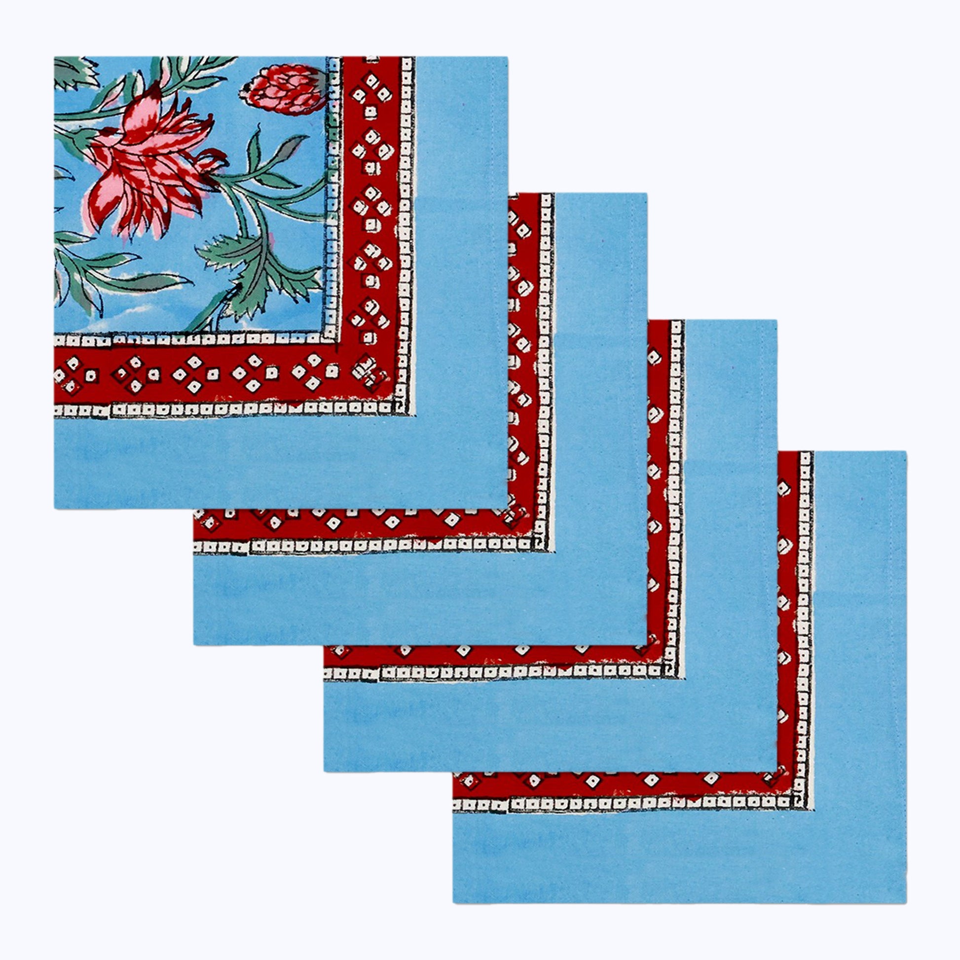 Blue and Pink Hand Block Printed Cotton Set Of 4 Napkins - My Store