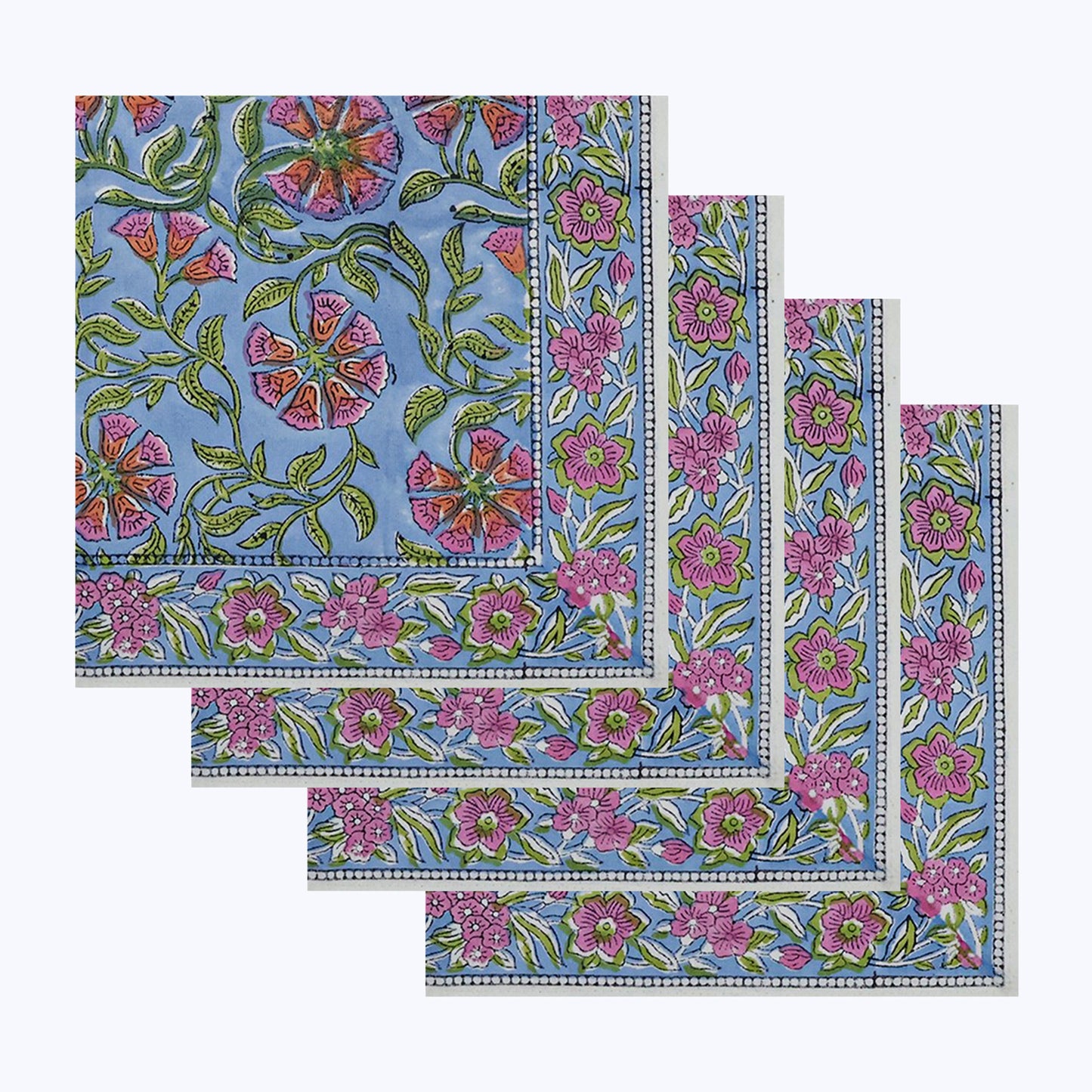 Pink With Green Handmade Block Printed Cotton Napkins Set Of 4 - My Store