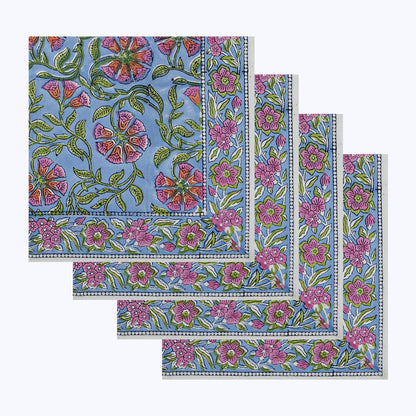 Pink With Green Handmade Block Printed Cotton Napkins Set Of 4 - My Store