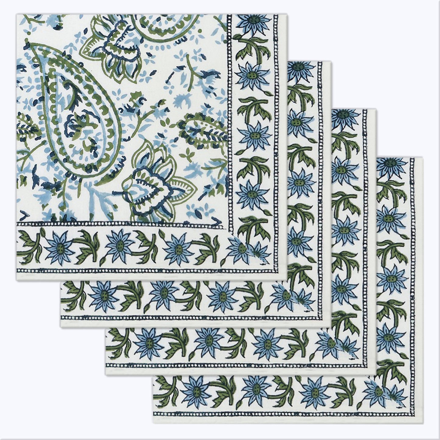 Green and White Hand Block Printed Cotton Napkins Set Of 4 - My Store