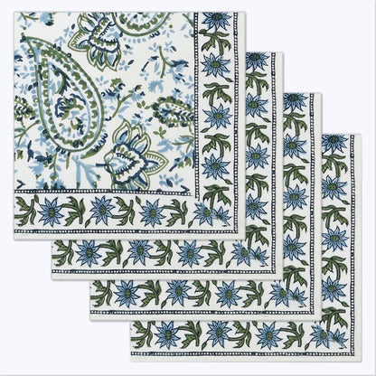 Green and White Hand Block Printed Cotton Napkins Set Of 4 - My Store