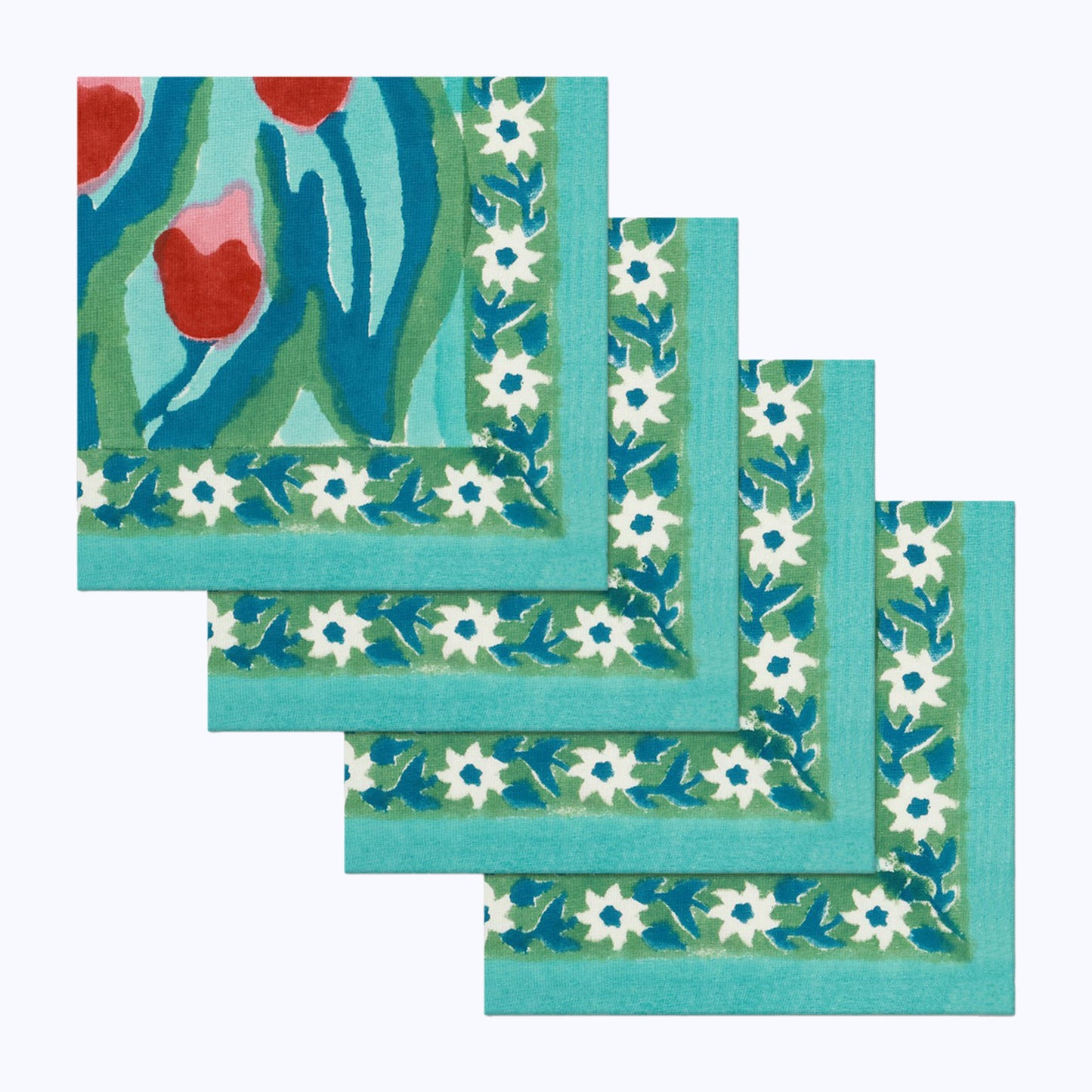 Green and Red Hand Block Printed Cotton Napkins Set Of 4 - My Store