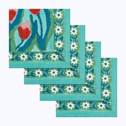 Green and Red Hand Block Printed Cotton Napkins Set Of 4 - My Store