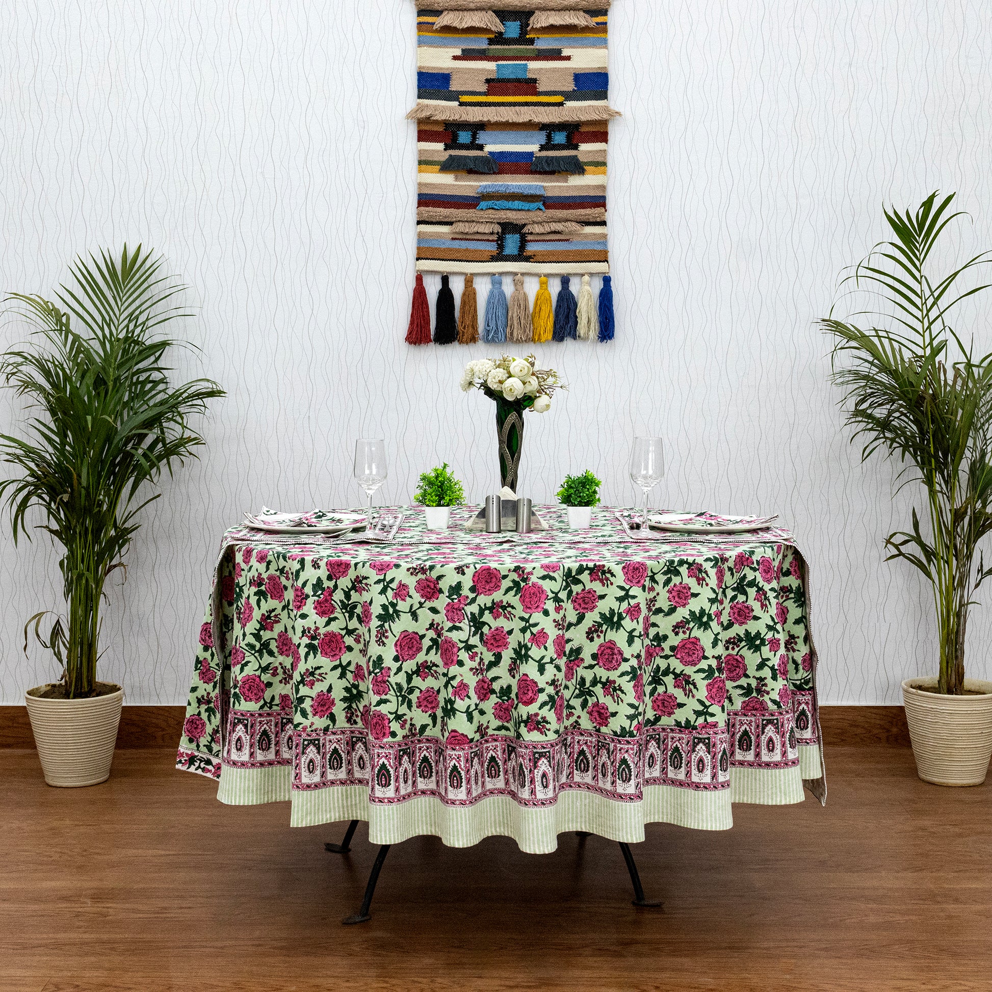Pink and Green Hand Block Printed Round Tablecloth - My Store