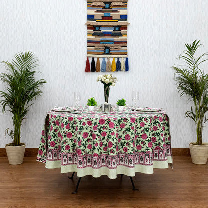 Pink and Green Hand Block Printed Round Tablecloth - My Store