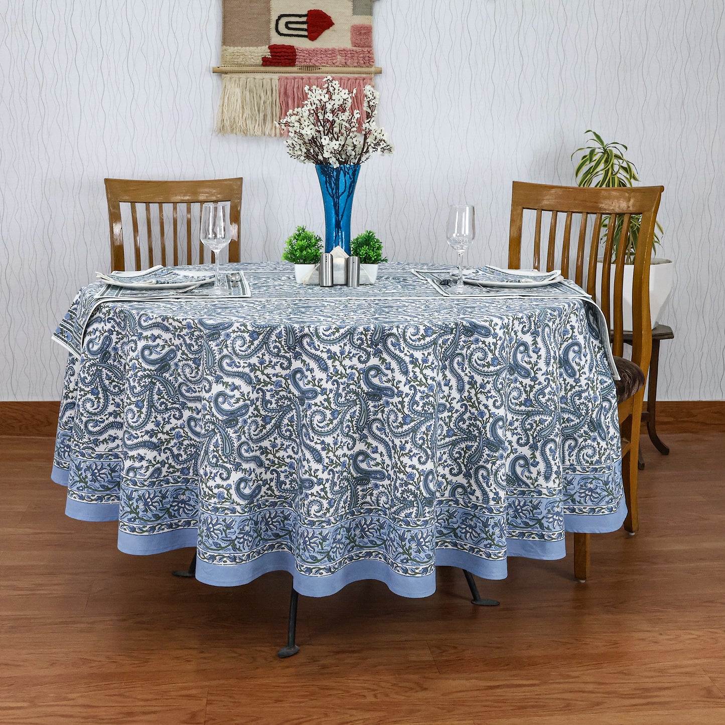Blue Cotton Hand Block Printed Round Tablecloth - My Store