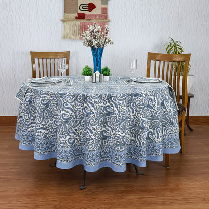Blue Cotton Hand Block Printed Round Tablecloth - My Store