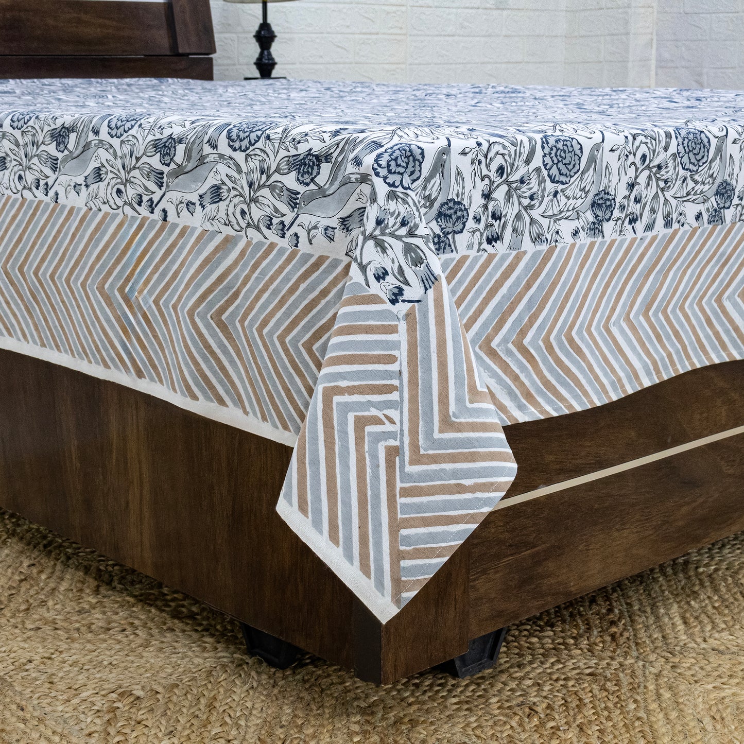 Indian Handmade Block Printed White and Gray Floral Pattern Cotton Bed sheet For living Room, Kids Room - My Store