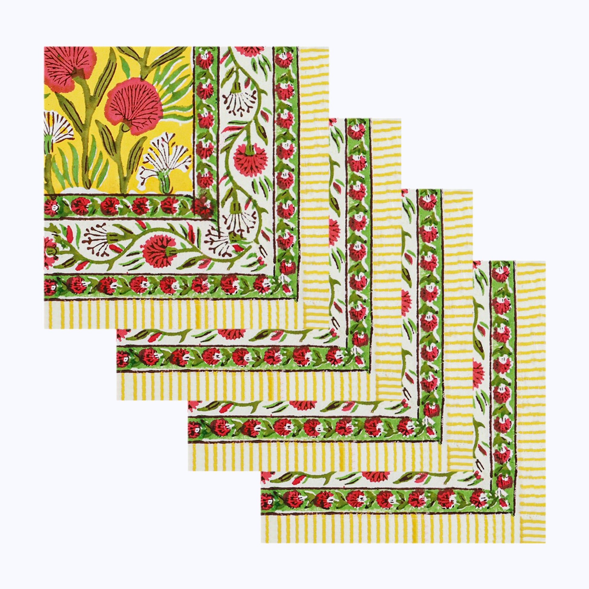 Yellow & Red Hand Block Printed Cotton Napkins Set Of 4 - My Store