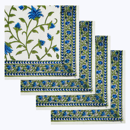 White and Green Hand Block Print Napkins Set Of 4 - My Store