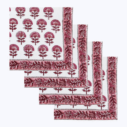 Pink and White Hand Block Printed Cotton Napkins Set Of 4 - My Store