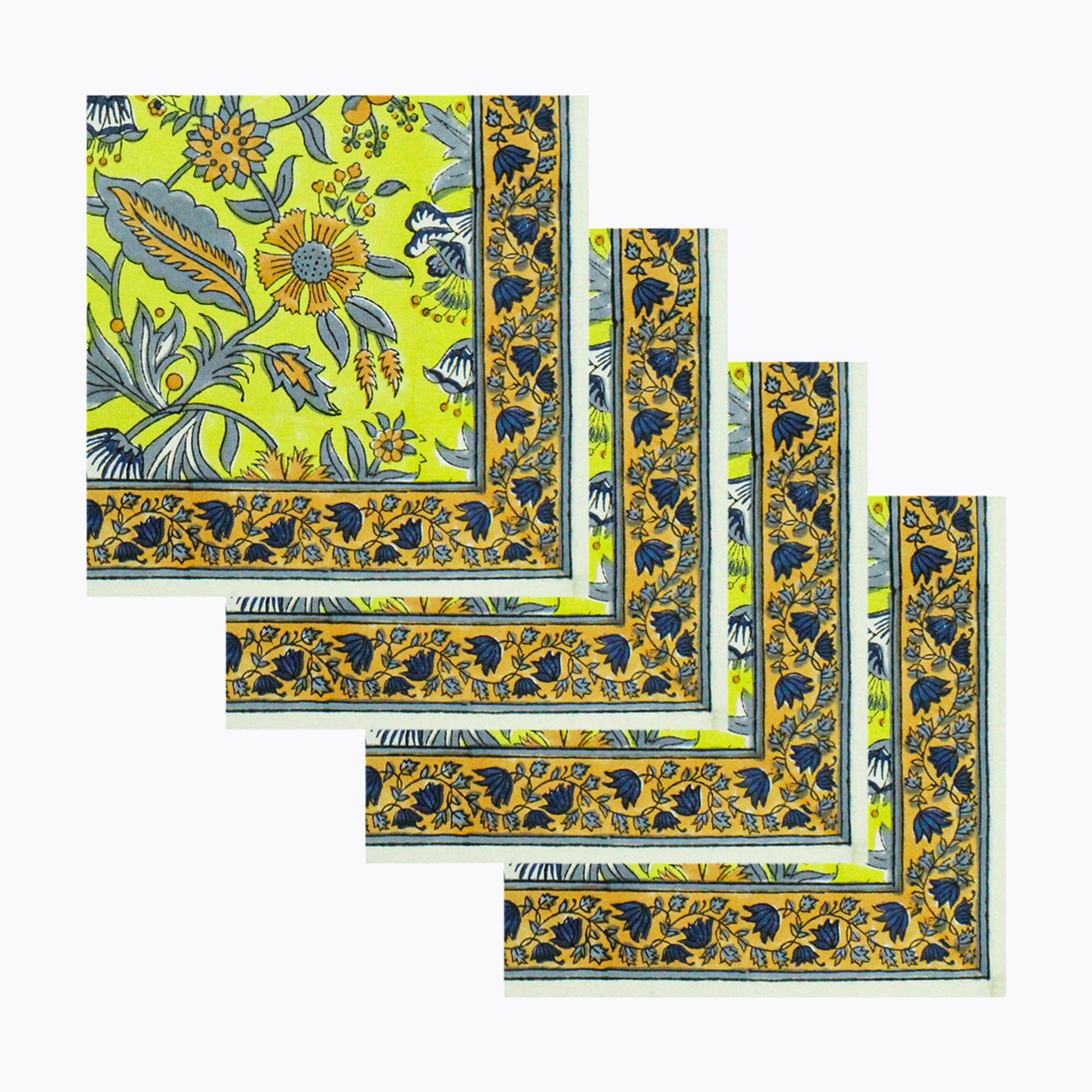 Indian Block Printed Yellow and Grey Cotton Set Of 4 Napkins - My Store