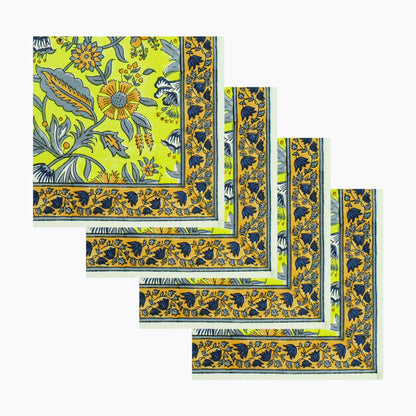 Indian Block Printed Yellow and Grey Cotton Set Of 4 Napkins - My Store