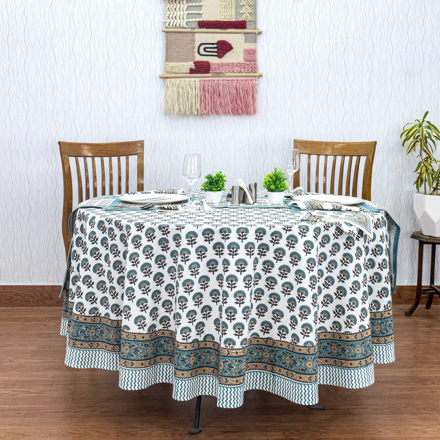 Teal Blue and White Floral Table Cloth, Block Printed Table Cover - My Store