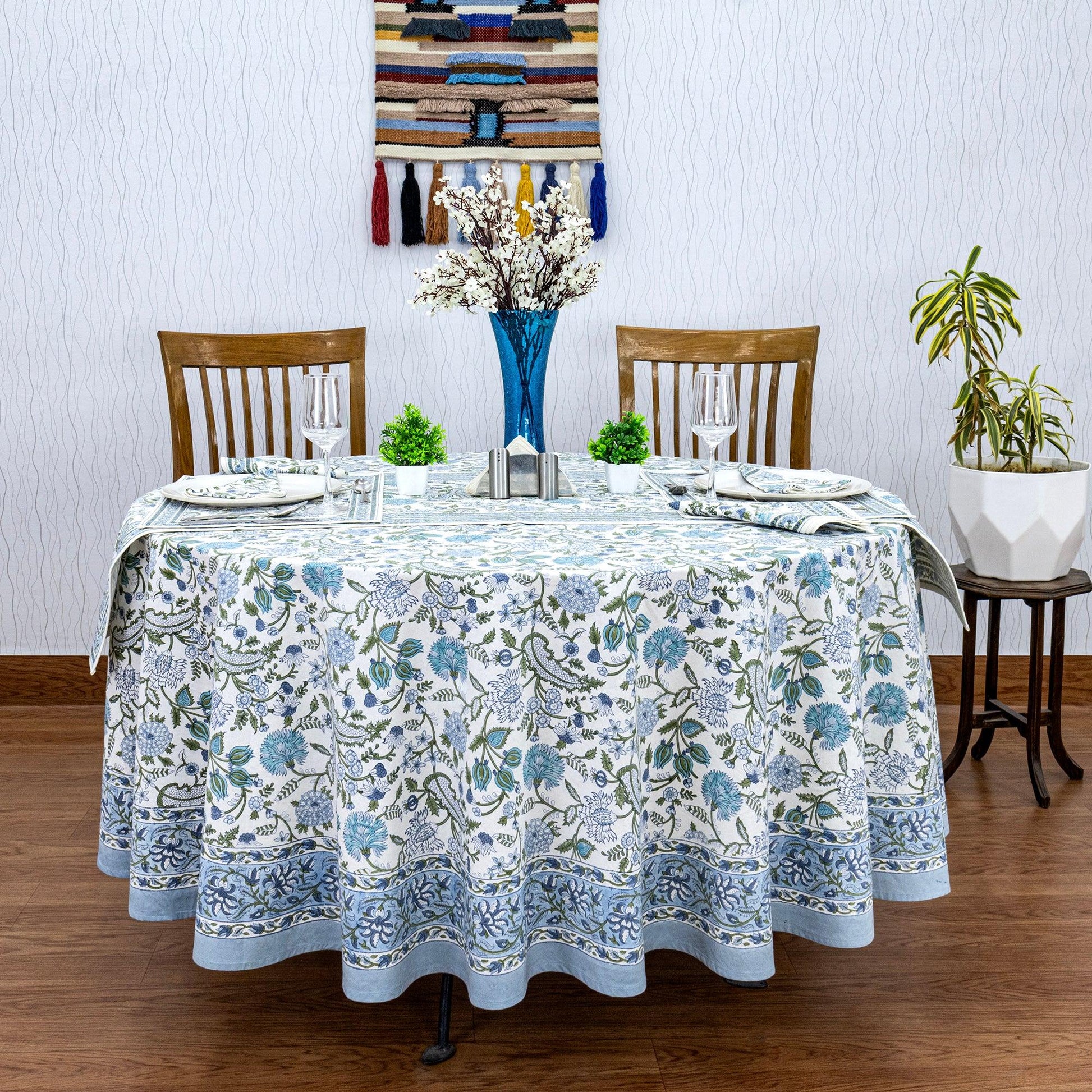 Baby Blue and White Floral Block Printed Round Table Cover - My Store