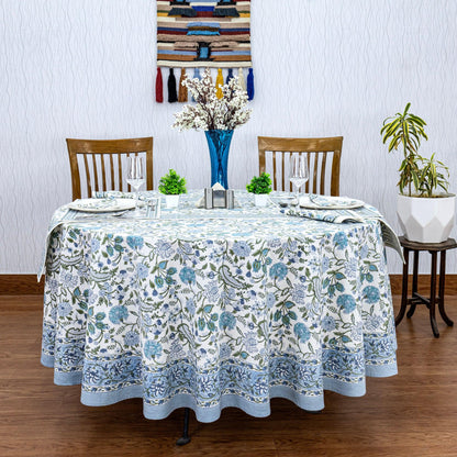 Baby Blue and White Floral Block Printed Round Table Cover - My Store
