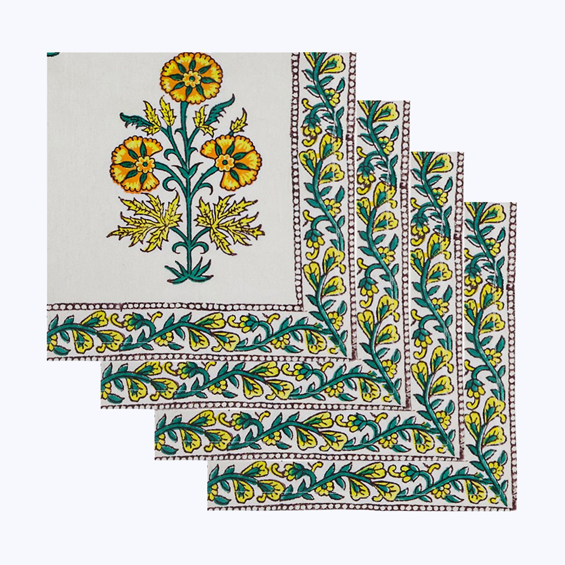 Yellow and White Handmade Block Printed Cotton Napkins Set Of 4 - My Store