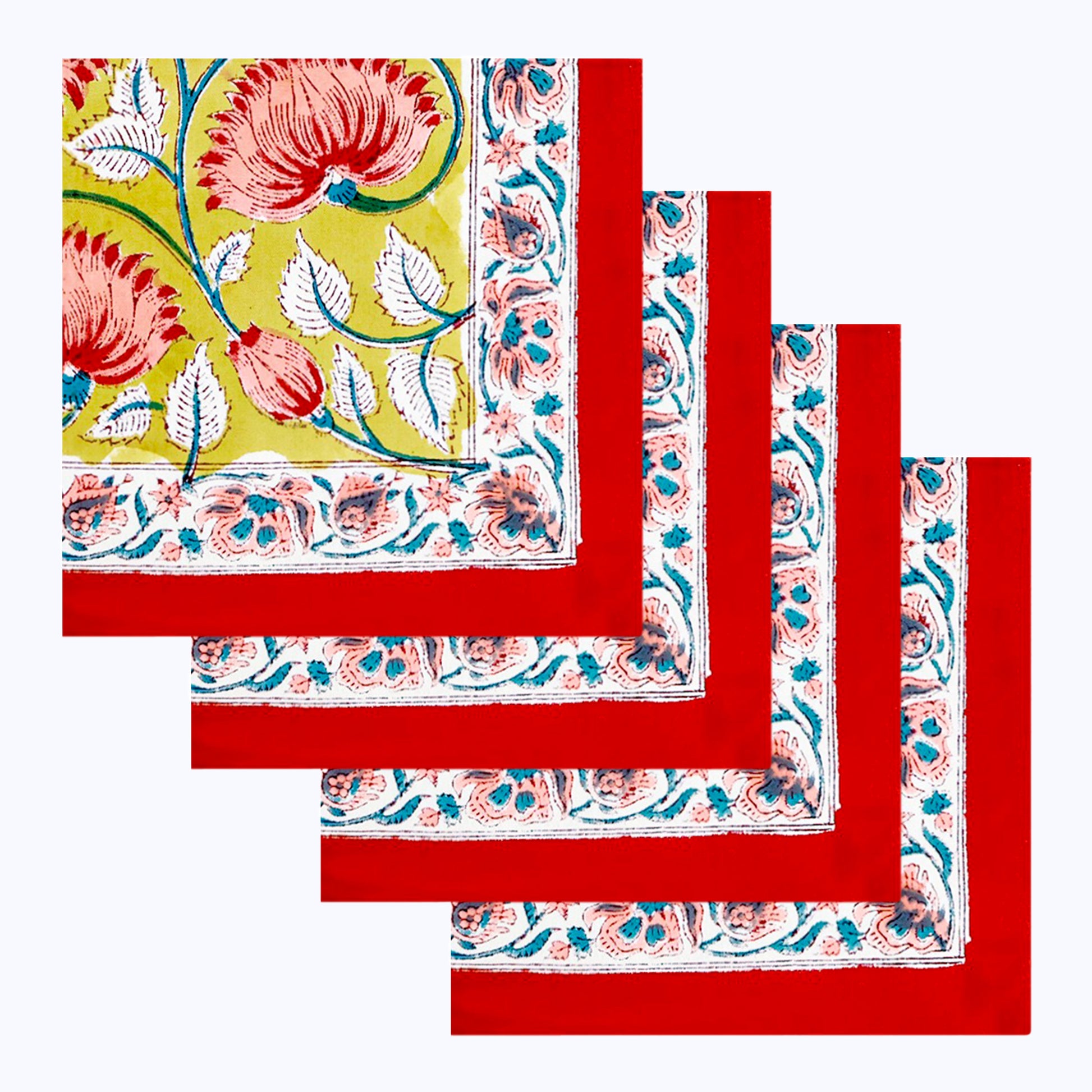 Red and Yellow Hand Block Printed Cotton Napkins 4 Pieces - My Store