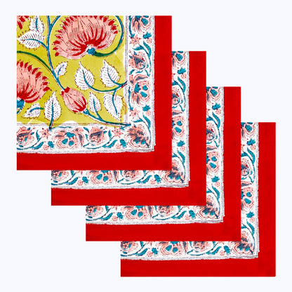 Red and Yellow Hand Block Printed Cotton Napkins 4 Pieces - My Store