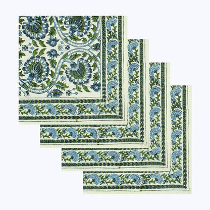Green and Blue Handmade Block Printed Set Of 4 Napkins - My Store