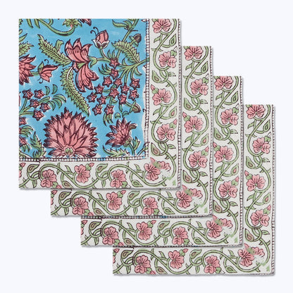 Blue and Pink Hand Block Printed Cotton Napkins Set Of 4 - My Store