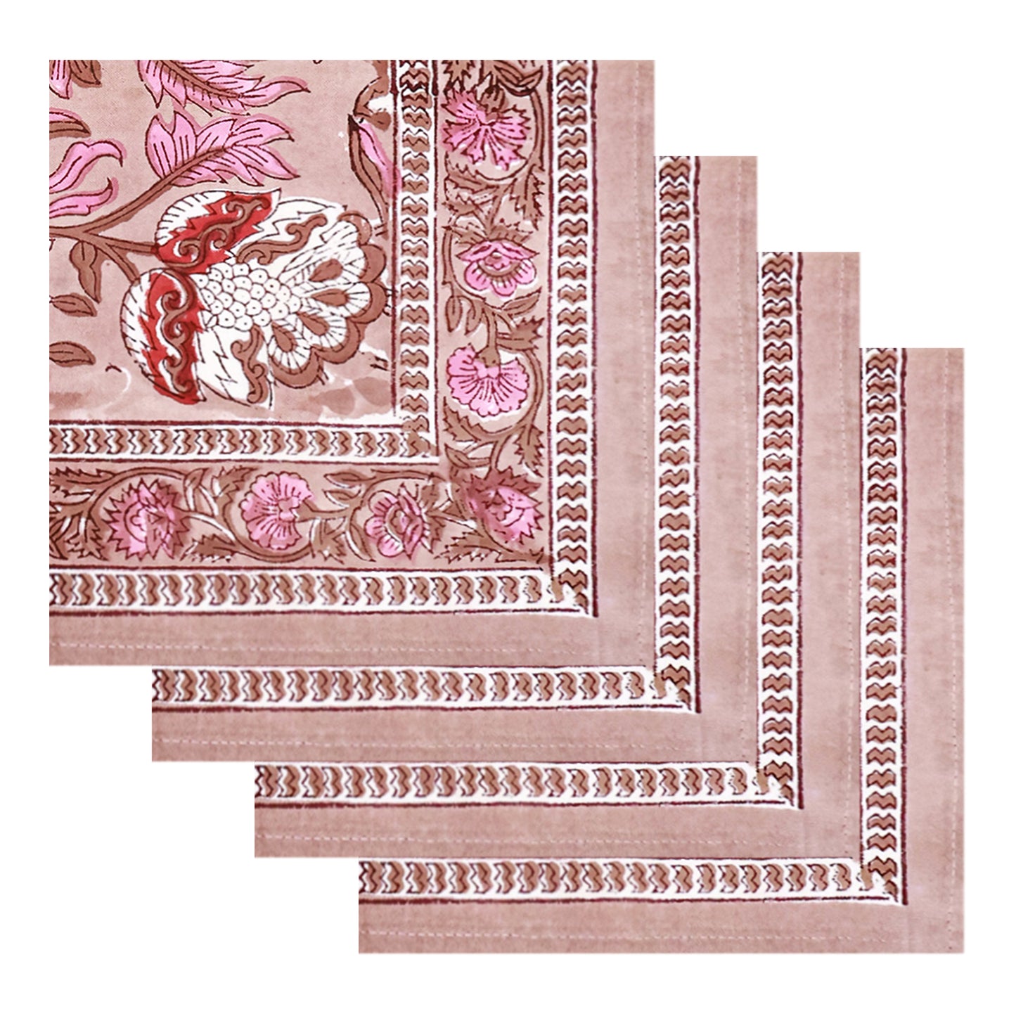 Pink and Brown Hand Block Printed Cotton Napkins Set Of 4 - My Store