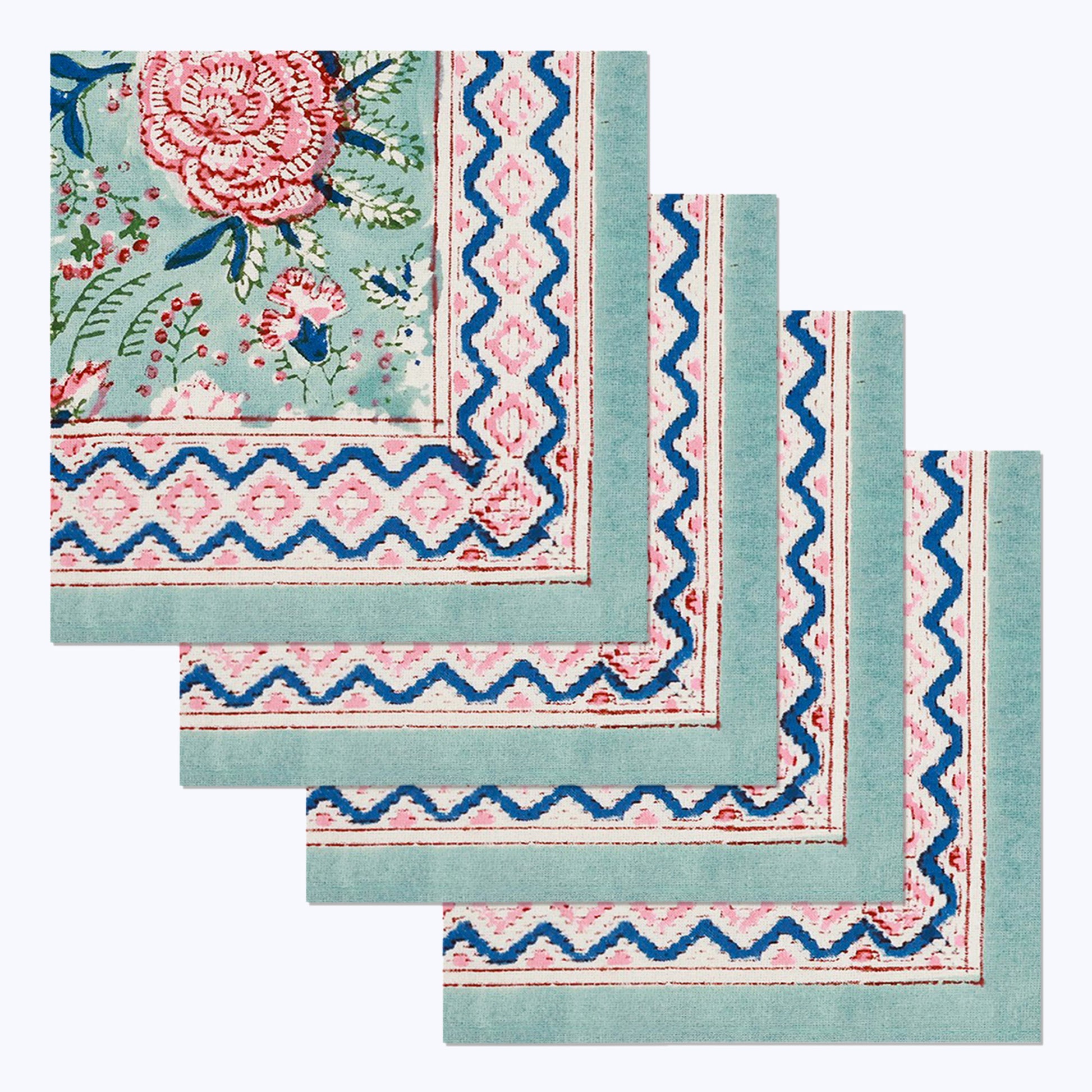 Green With Pink Hand Block Printed Cotton Napkins Set Of 4 - My Store