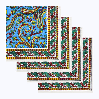 Blue and Yellow Hand Block Printed Cotton Napkins Set Of 4 - My Store