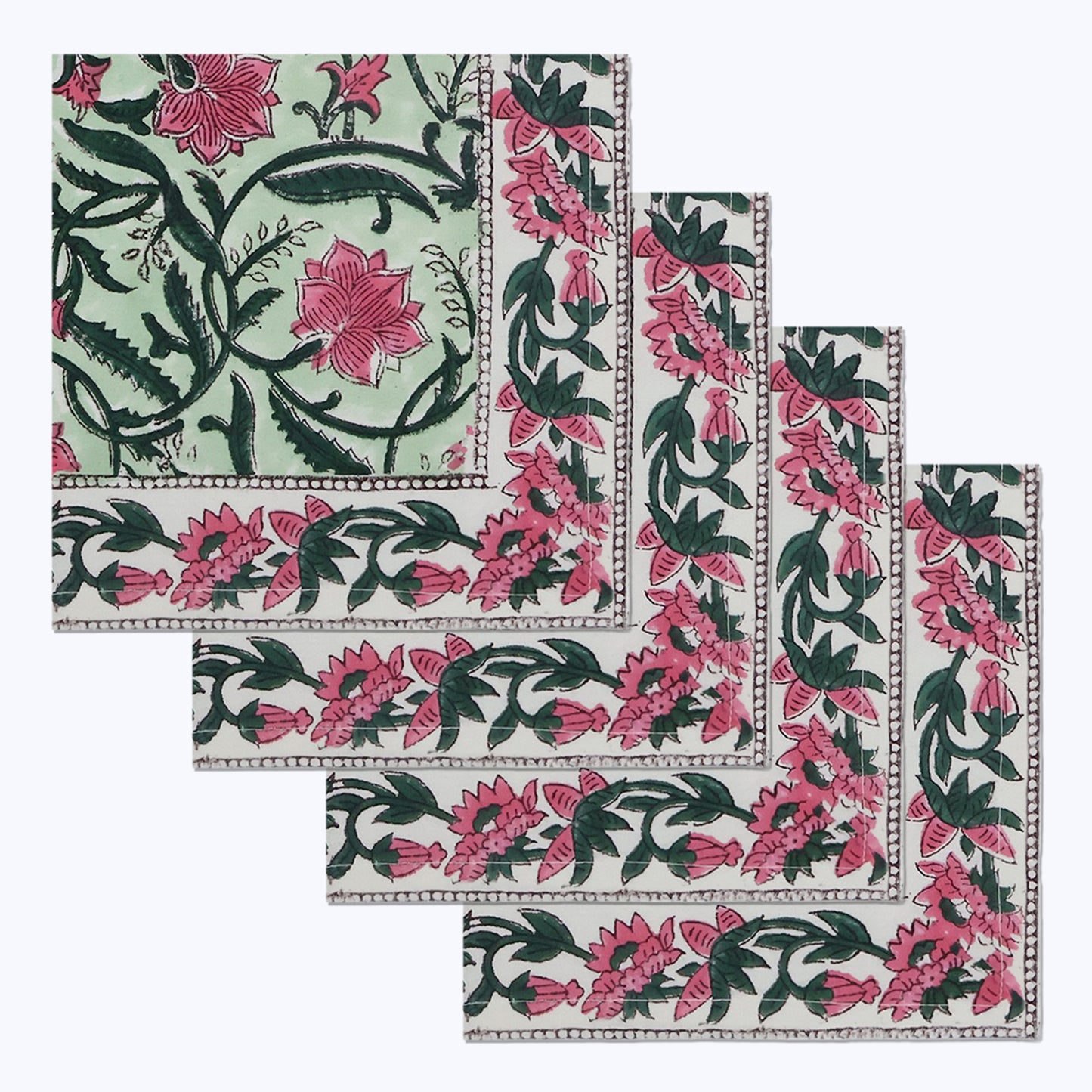 Green and Pink Hand Block Printed Cotton Napkins Set Of 4 - My Store