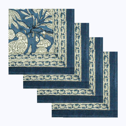 Floral Blue and White Block Printed Set Of 4 Napkins - My Store