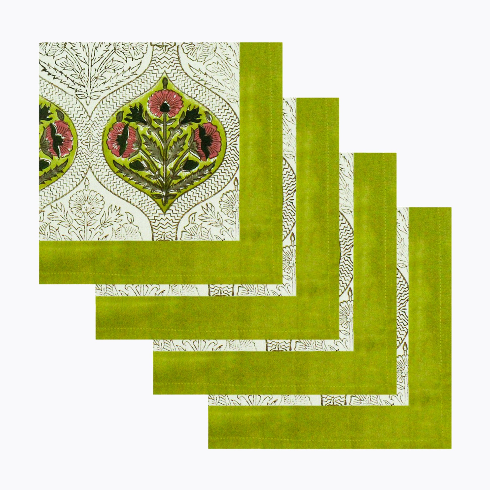 Yellow and Pink Set Of 4 Cotton Block Printed Napkins - My Store