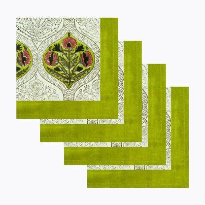 Yellow and Pink Set Of 4 Cotton Block Printed Napkins - My Store