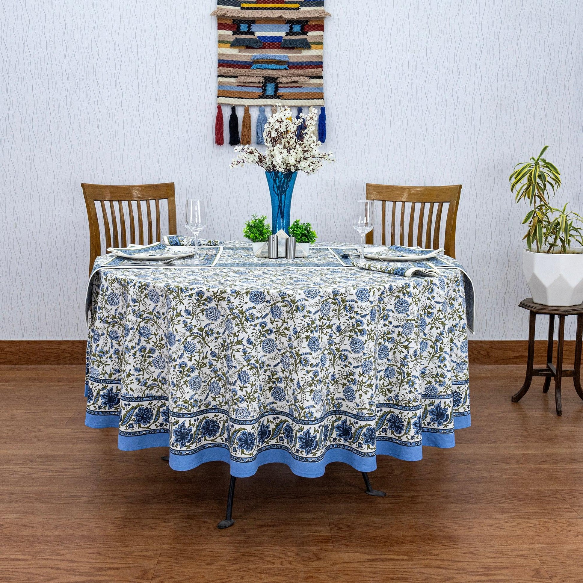 Blue & White Round Tablecloth, Dining Table Decor, Block Printed Mats, Valentine Gifts - My Store
