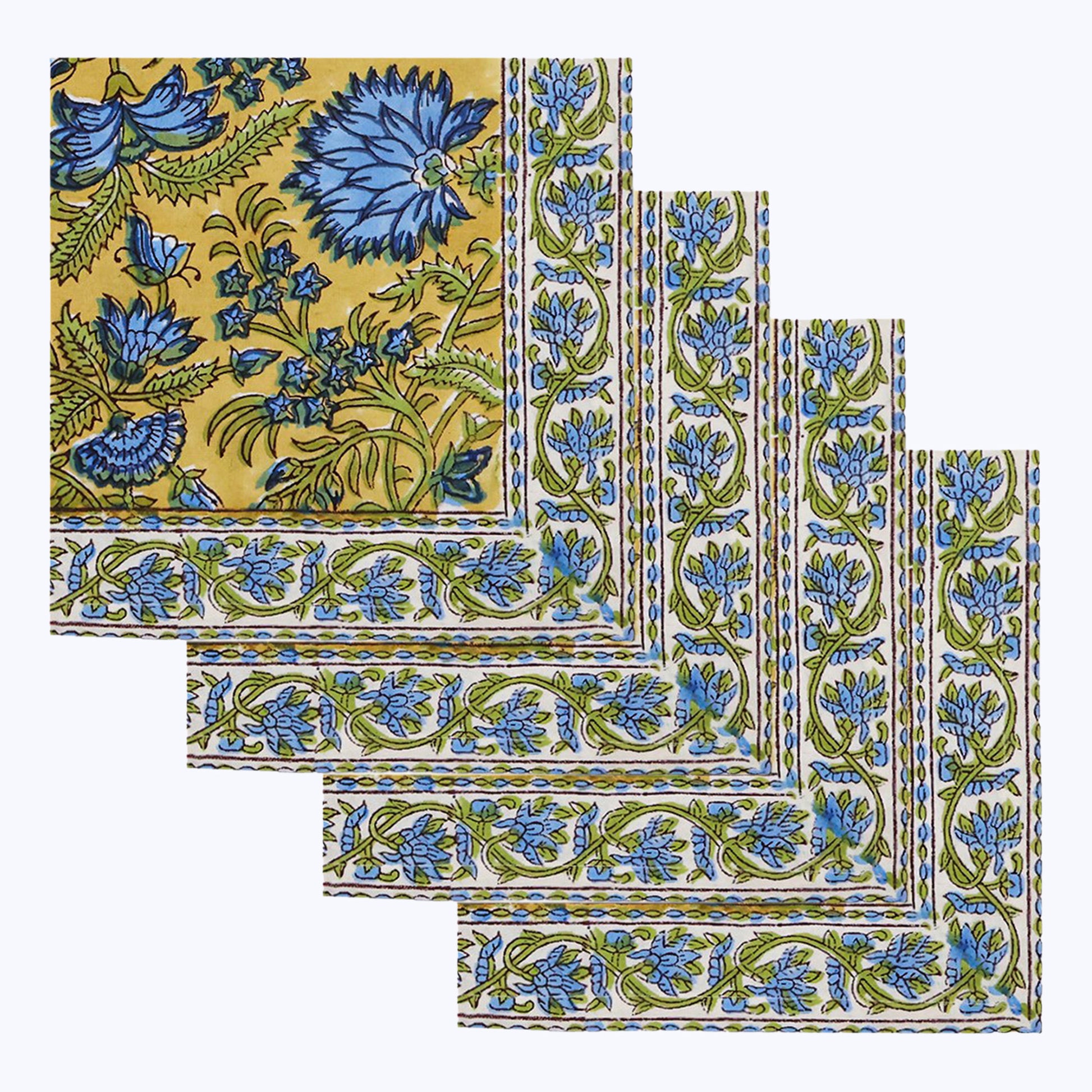 Yellow and Blue Hand Block Printed Cotton Napkins - My Store