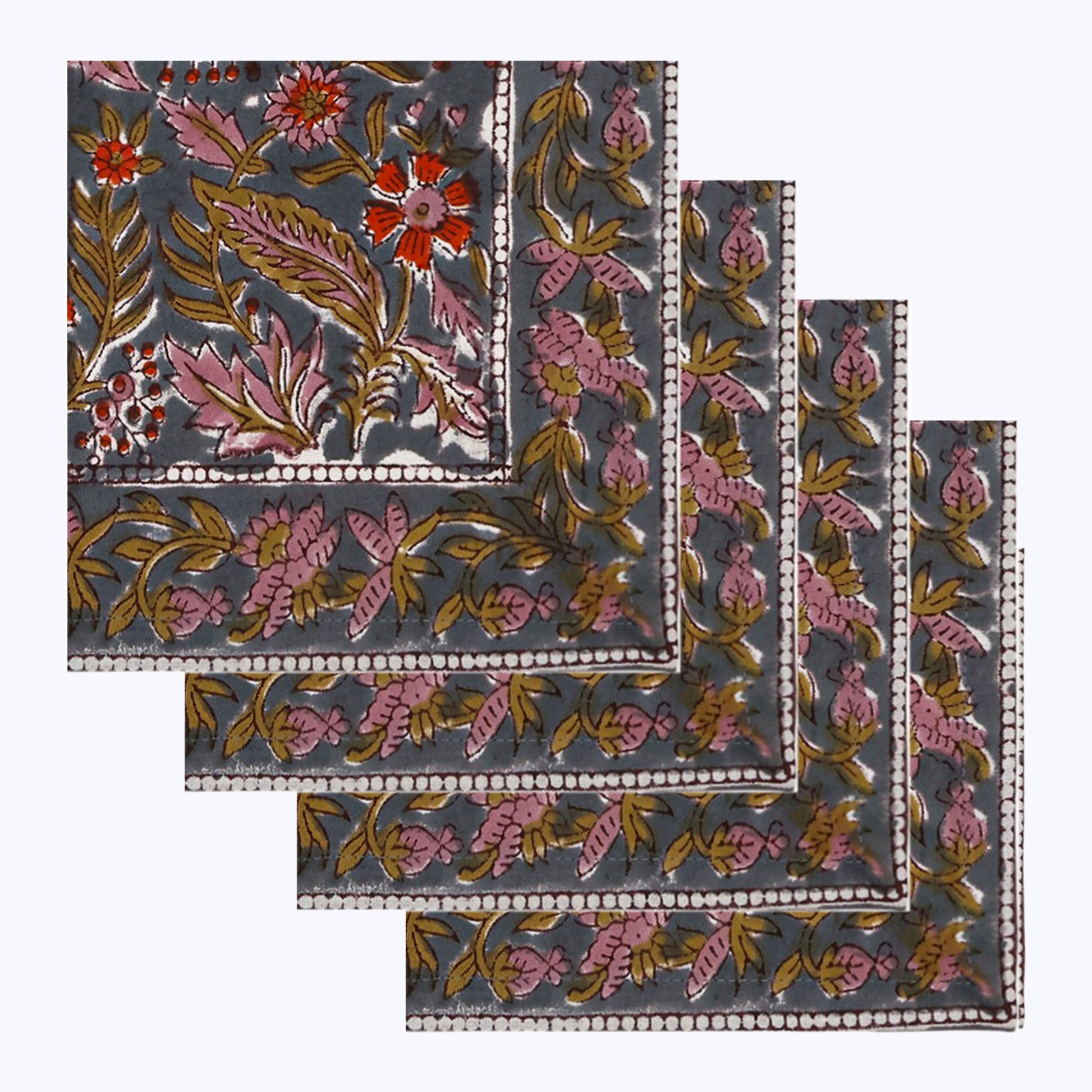 Brown and Red Handmade Block Printed Cotton Napkins Set Of 4 - My Store