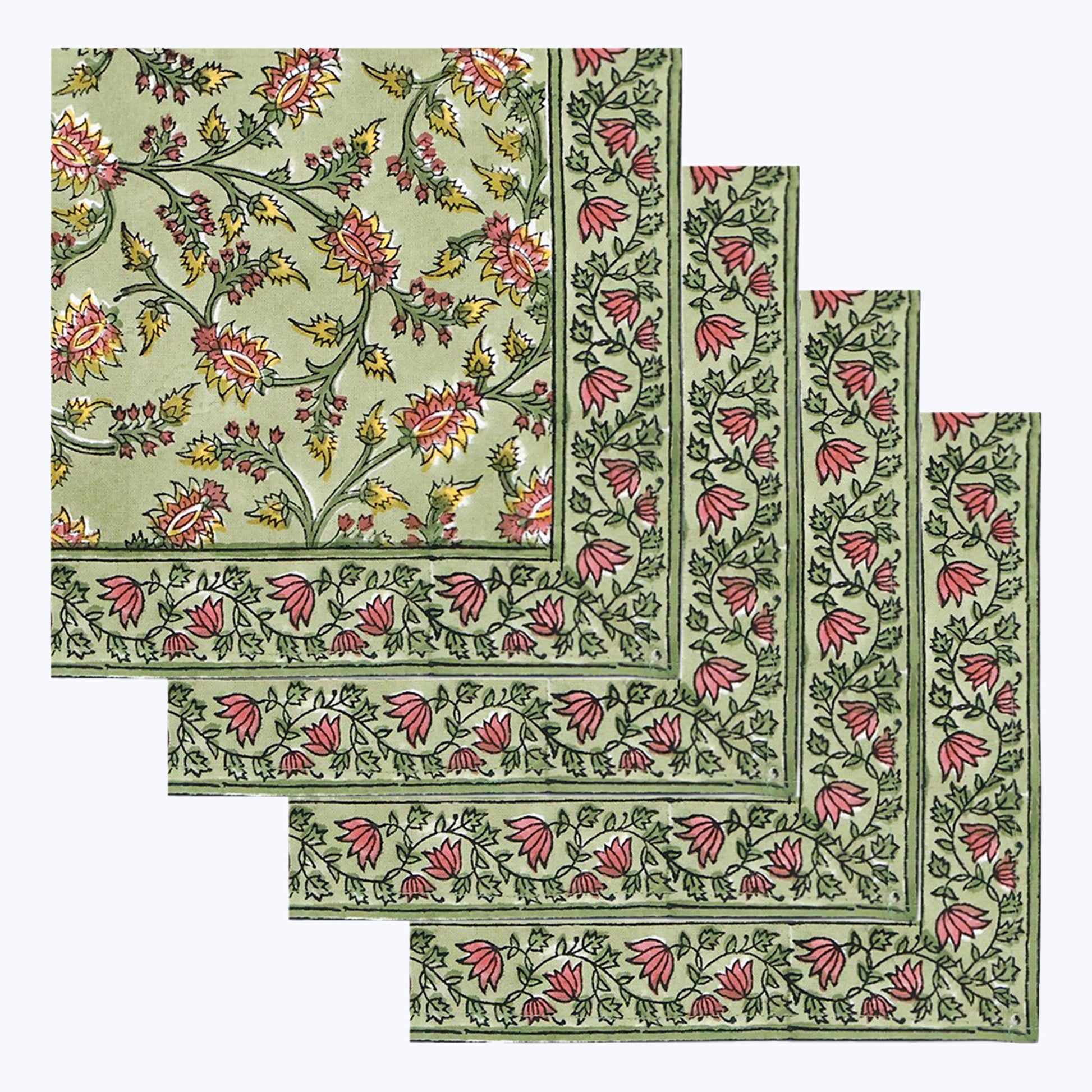 Green and Red Hand Block Printed Cotton Napkins Set Of 4 - My Store