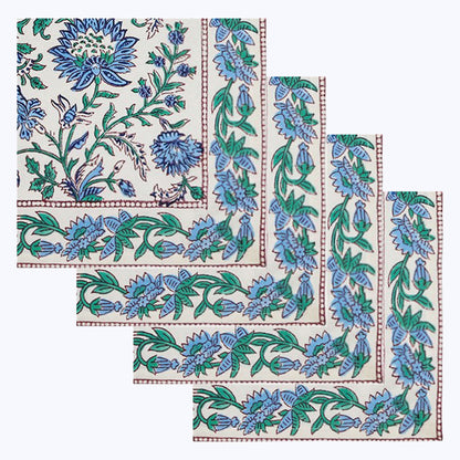 Blue and Green Handmade Block Printed Cotton Napkins Set Of 4 - My Store