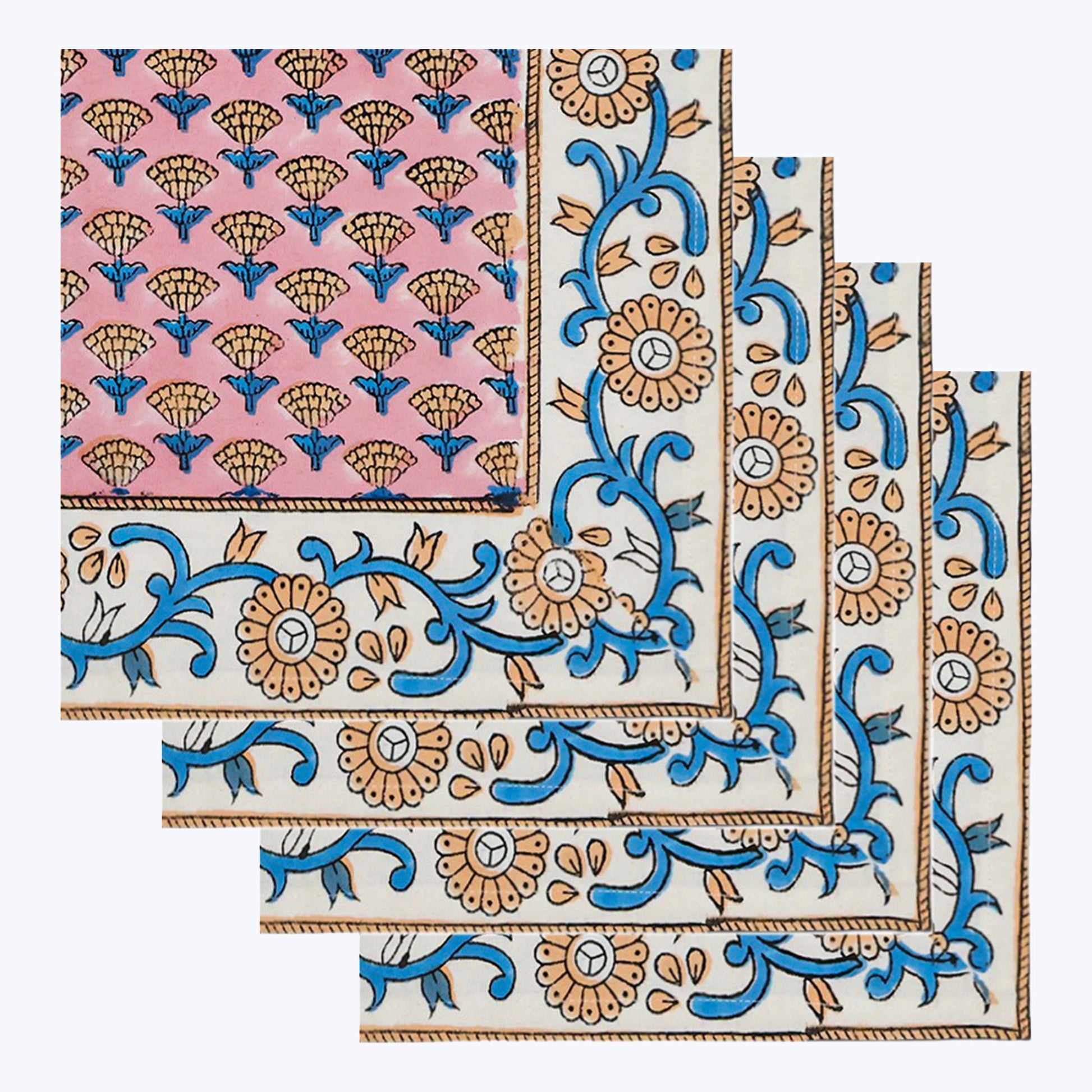 Pink and Blue Hand Block Printed Cotton Napkins Set Of 4 - My Store