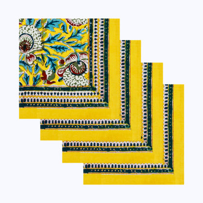 Yellow and Blue Handmade Block Printed Cotton Napkins 4 Pieces Set - My Store