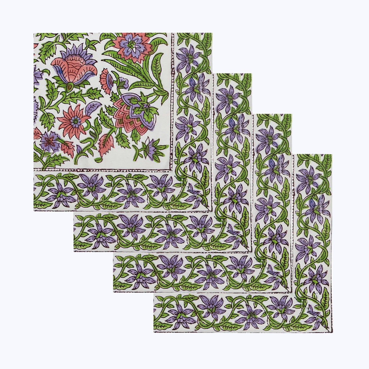 Purple and Green Hand Block Printed Cotton Napkins Set Of 4 - My Store