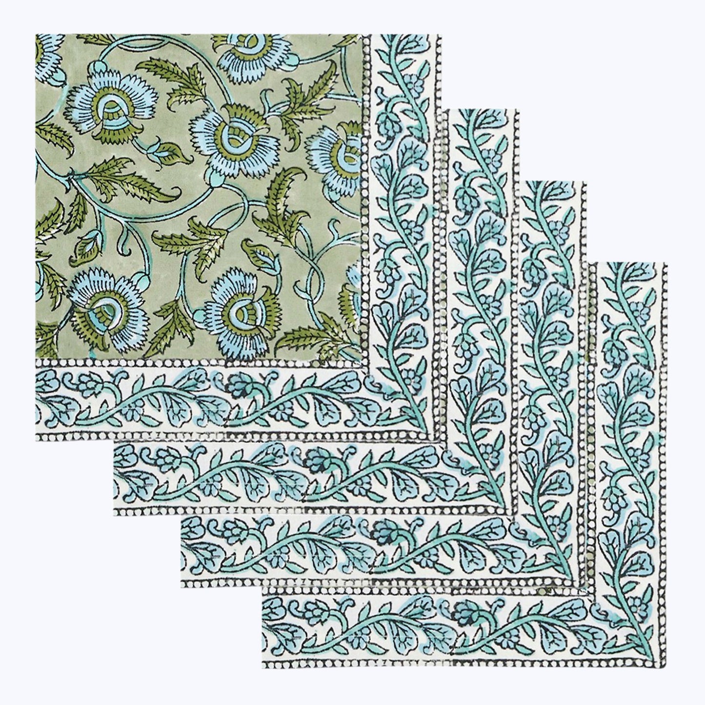 Green With Blue Handmade Block Printed Cotton Napkins Set Of 4 - My Store