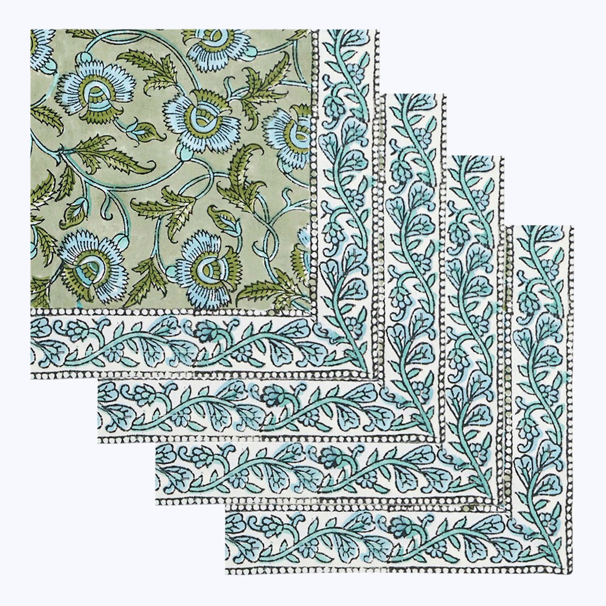 Green With Blue Handmade Block Printed Cotton Napkins Set Of 4 - My Store