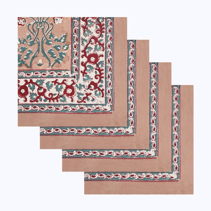 Red and Brown Handcrafted Block Printed Set Of 4 Cotton Napkins - My Store