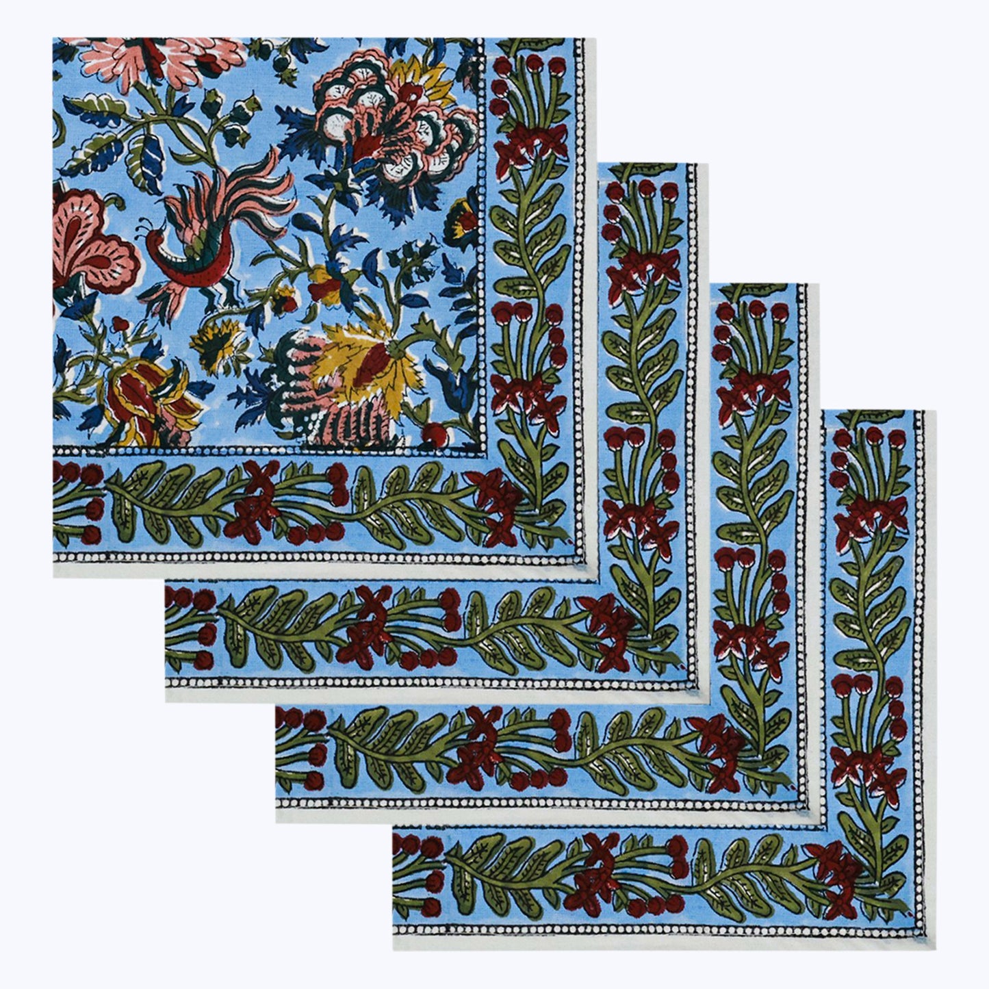 Blue and Red Hand Block Printed Cotton Napkins Set Of 4 - My Store